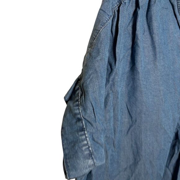 Ruby Rd Blouse Women's Petite Large Blue Popover Chambray Short Sleeve Tie Top - Picture 4 of 10